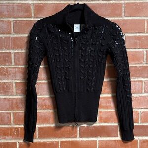 A|X Armani Exchange Black Sequin Cable-Knit Zip Cardigan